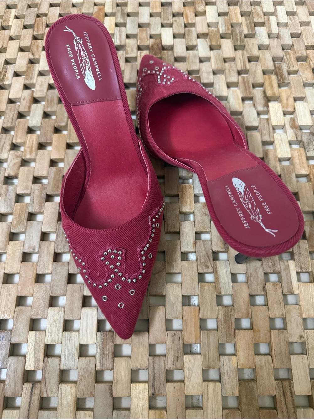 Jeffrey Campbell Burgundy Pointed Mule Heels with Stud Embellishments